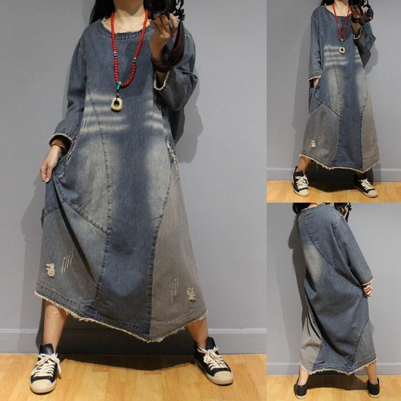 Robe En Denim À Col Rond En Détresse Littéraire D'automne