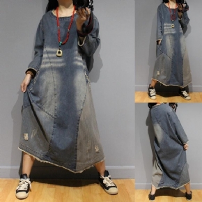 Robe En Denim À Col Rond En Détresse Littéraire D'automne