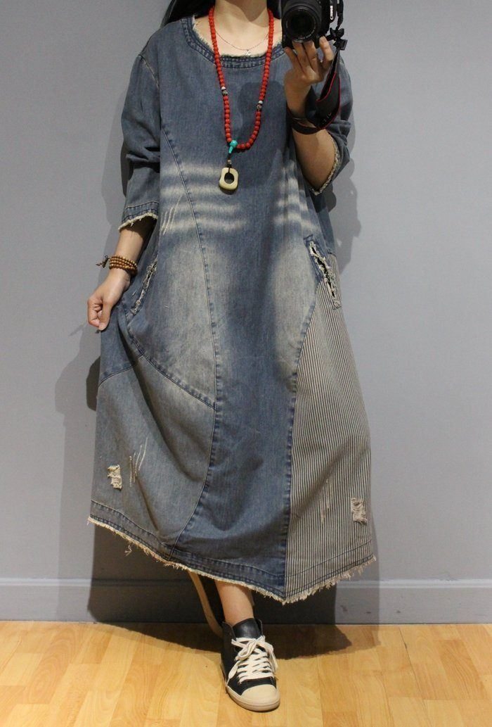 Robe En Denim À Col Rond En Détresse Littéraire D'automne