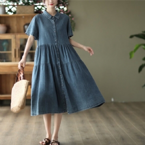 Robe En Denim De Coton Patchwork Solide Rétro D'été