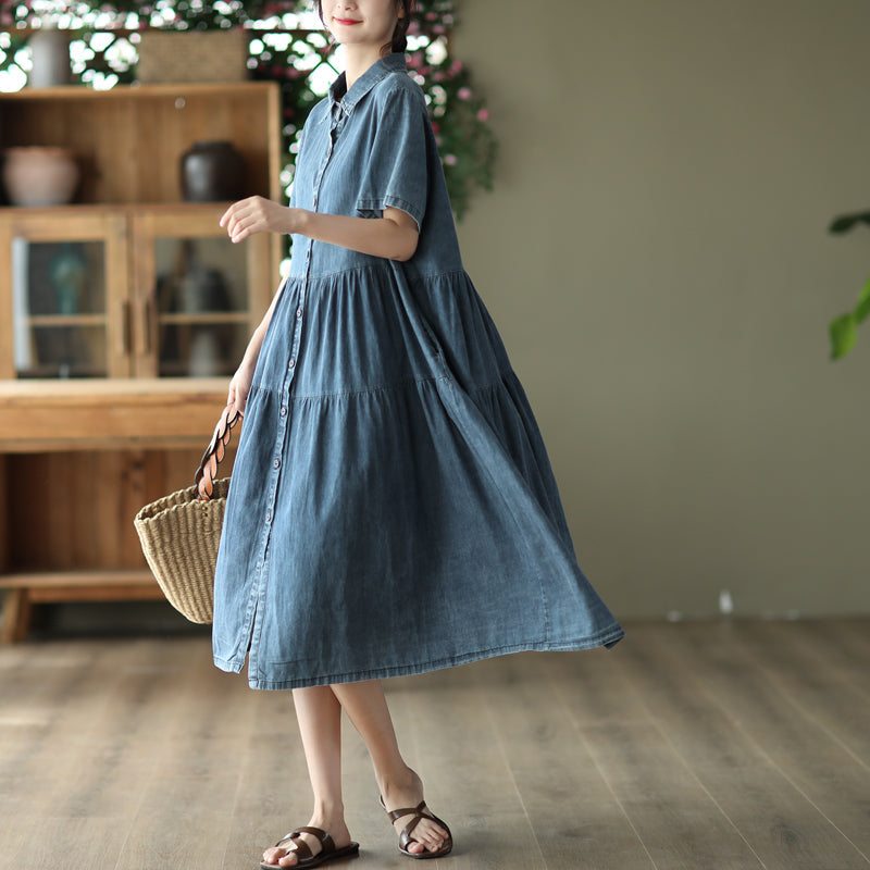 Robe En Denim De Coton Patchwork Solide Rétro D'été