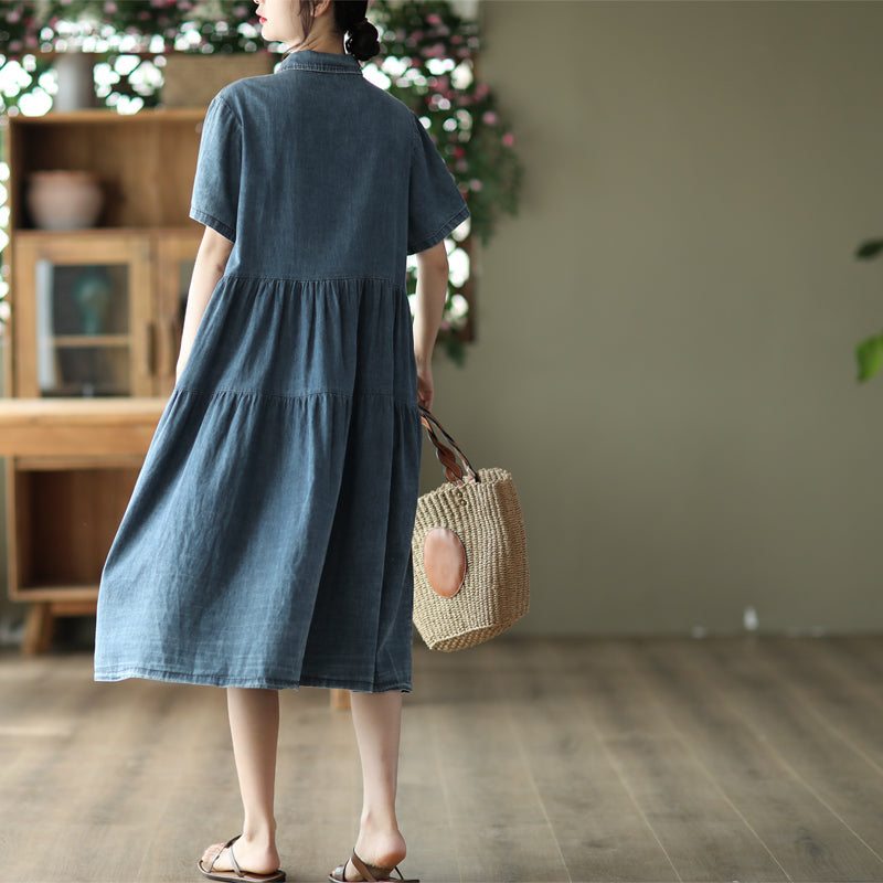 Robe En Denim De Coton Patchwork Solide Rétro D'été