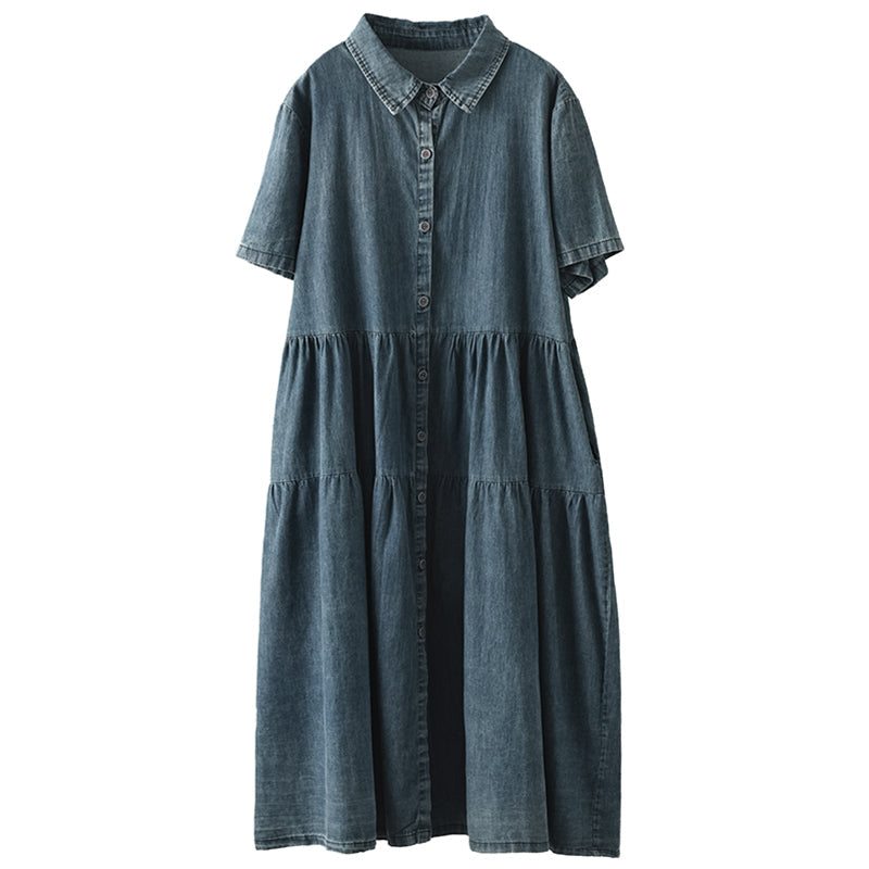 Robe En Denim De Coton Patchwork Solide Rétro D'été