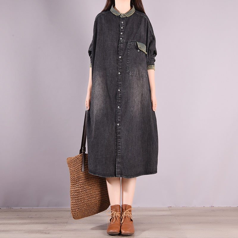 Robe En Denim De Coton De Printemps Lâche Rétro