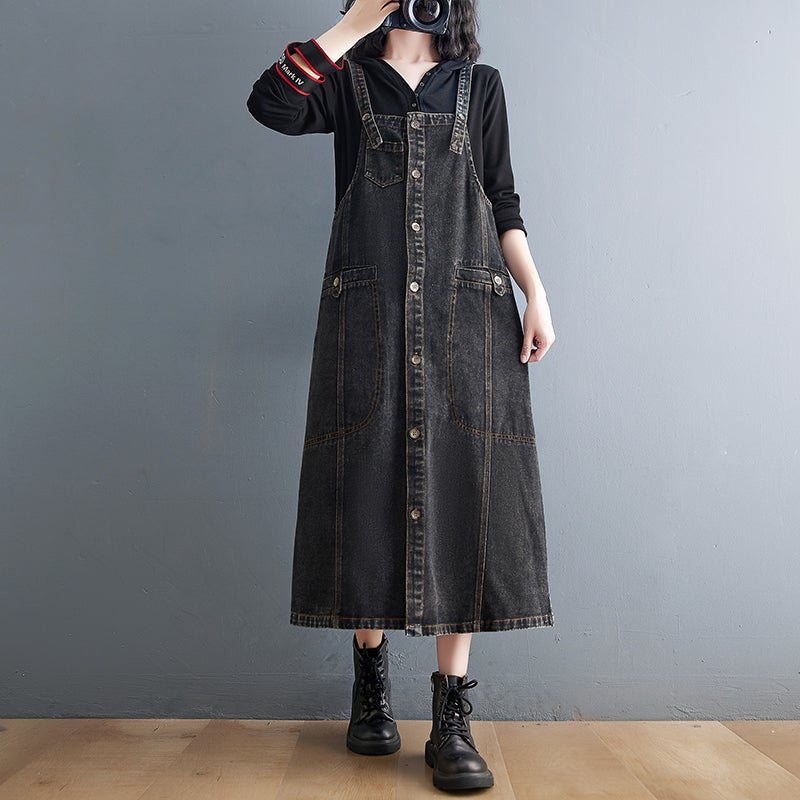 Robe En Denim De Coton Sans Manches Décontractée Rétro Printemps