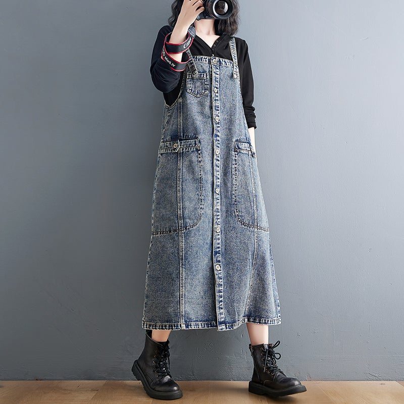 Robe En Denim De Coton Sans Manches Décontractée Rétro Printemps