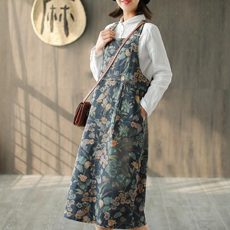 Robe En Denim De Coton Sans Manches À Fleurs Rétro De Printemps