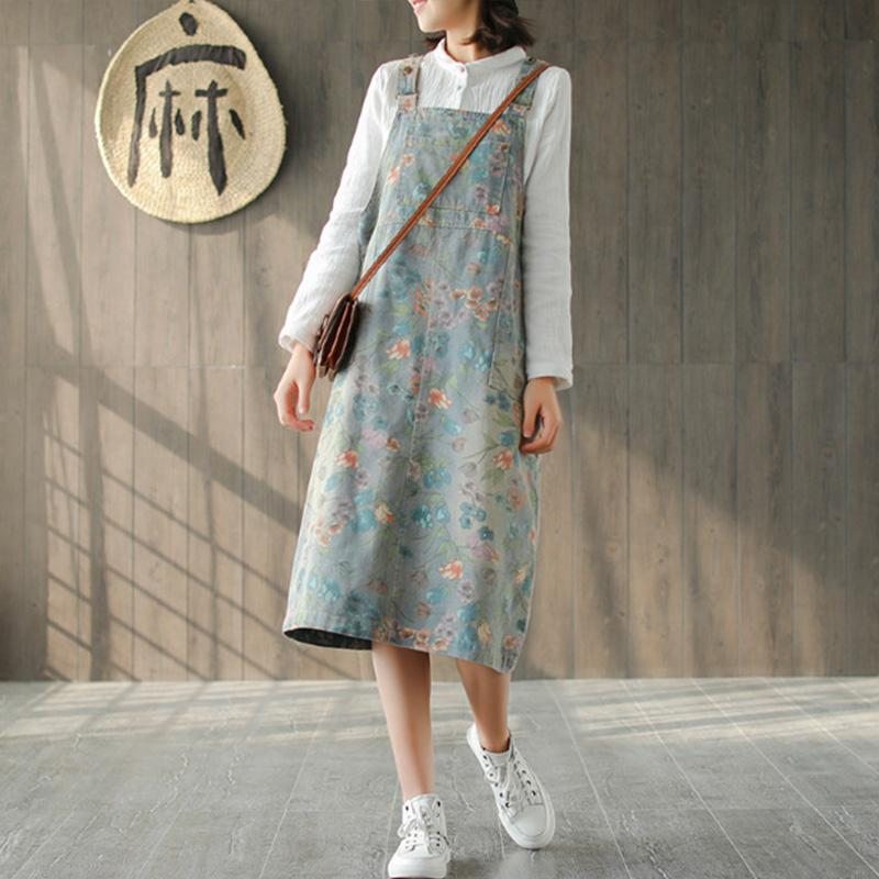 Robe En Denim De Coton Sans Manches À Fleurs Rétro De Printemps