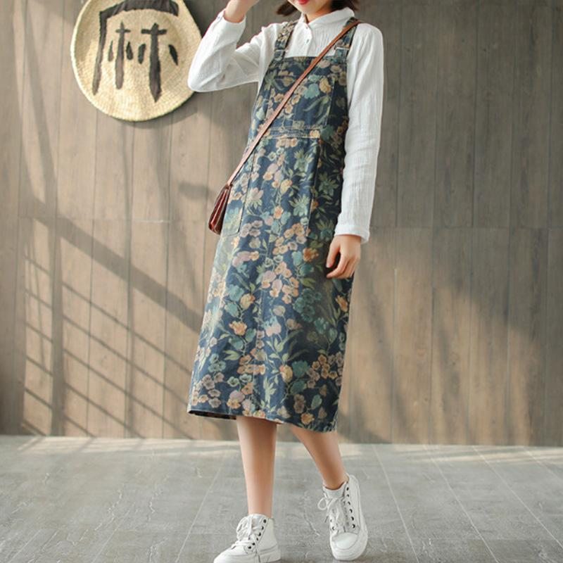 Robe En Denim De Coton Sans Manches À Fleurs Rétro De Printemps