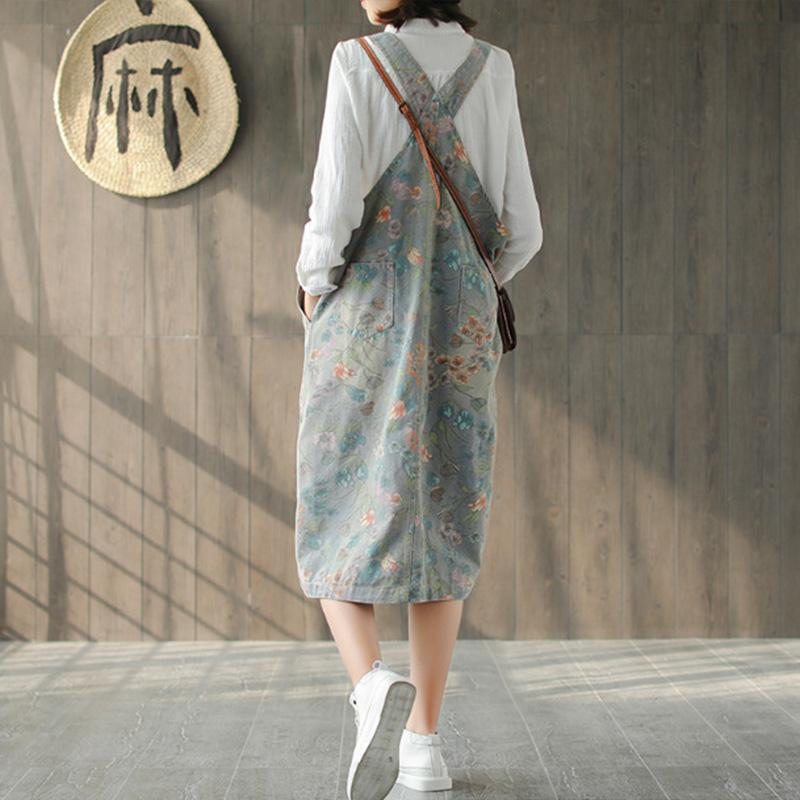 Robe En Denim De Coton Sans Manches À Fleurs Rétro De Printemps