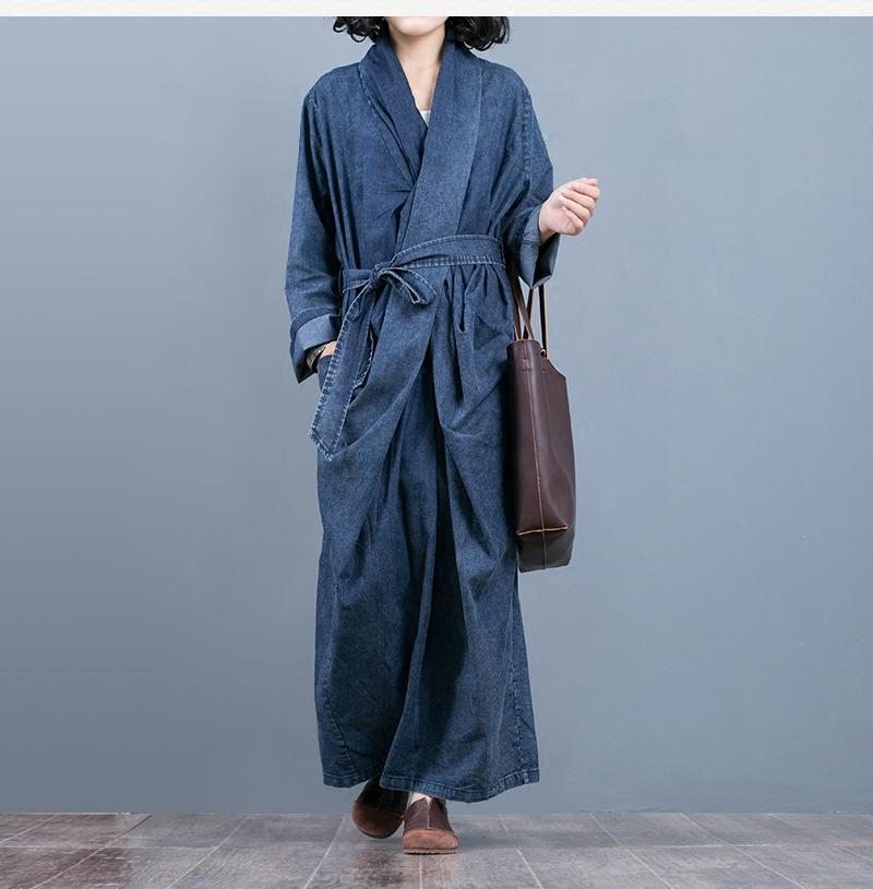 Robe En Denim Vintage Avec Ceinture D'automne