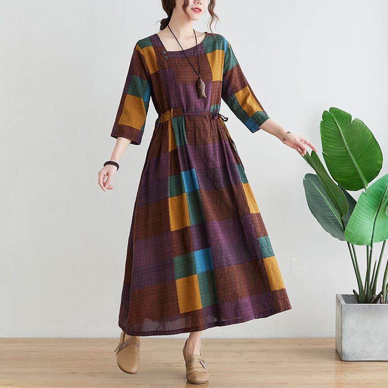 Robe Élégante De Grande Taille À Carreaux Rétro De Printemps