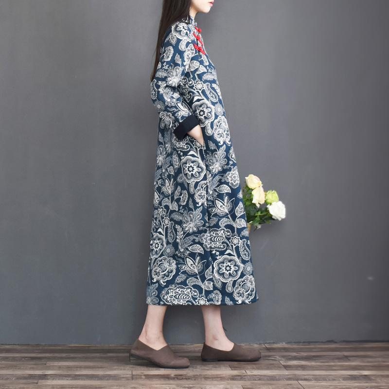 Robe Épaisse Vintage De Style Ethnique Bleu