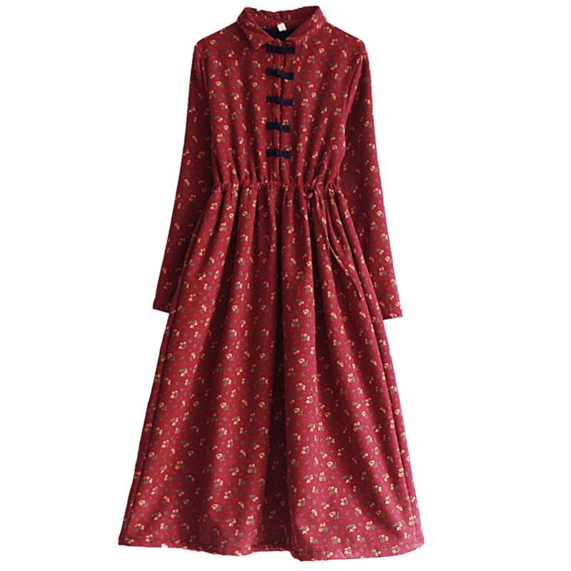 Robe Épaissie En Peluche Florale Rétro Automne-hiver