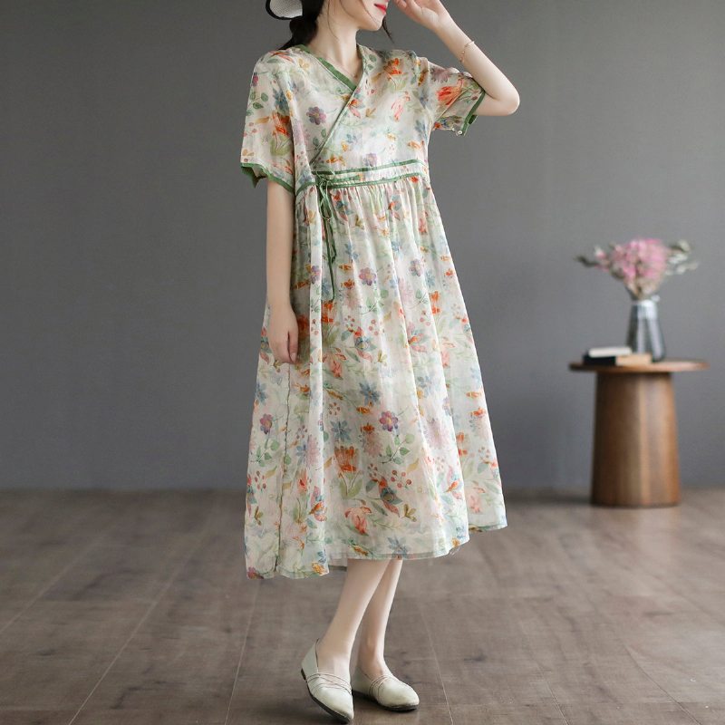 Robe D'été Ample En Lin À Fleurs Rétro