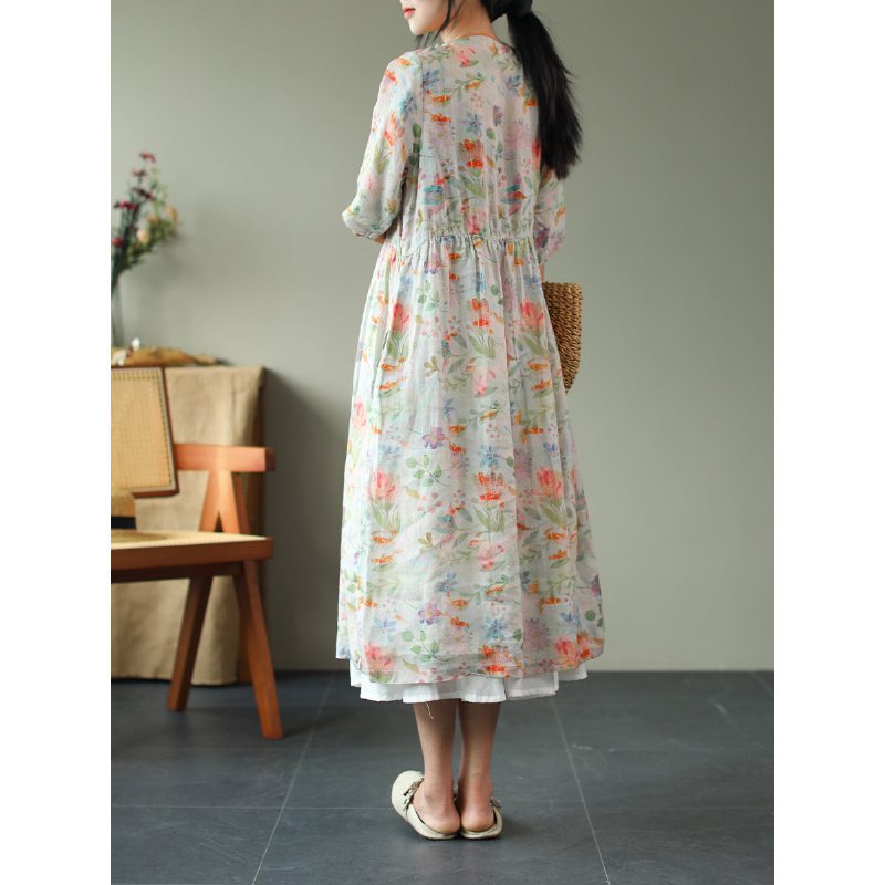 Robe D'été Ample En Lin Imprimé Vintage