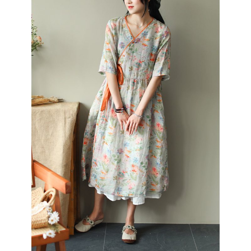 Robe D'été Ample En Lin Imprimé Vintage