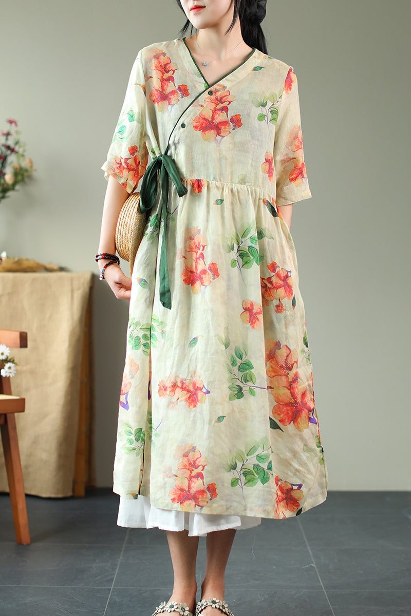 Robe D'été Ample En Lin Imprimé Vintage