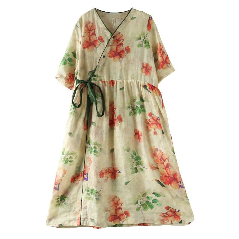 Robe D'été Ample En Lin Imprimé Vintage