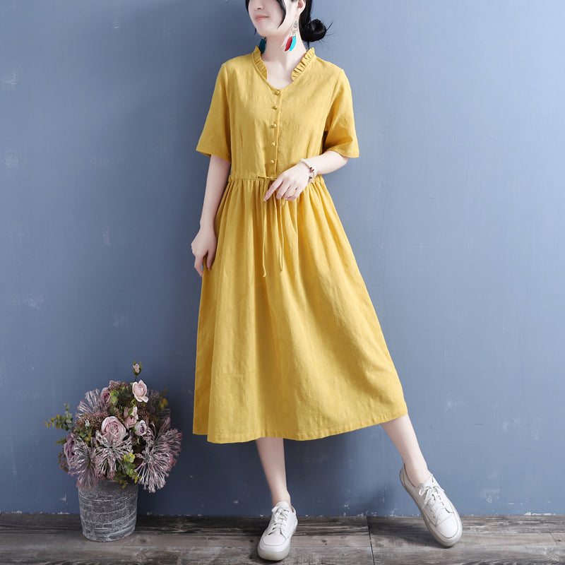 Robe D'été À Col À Volants Vintage En Coton Et Lin