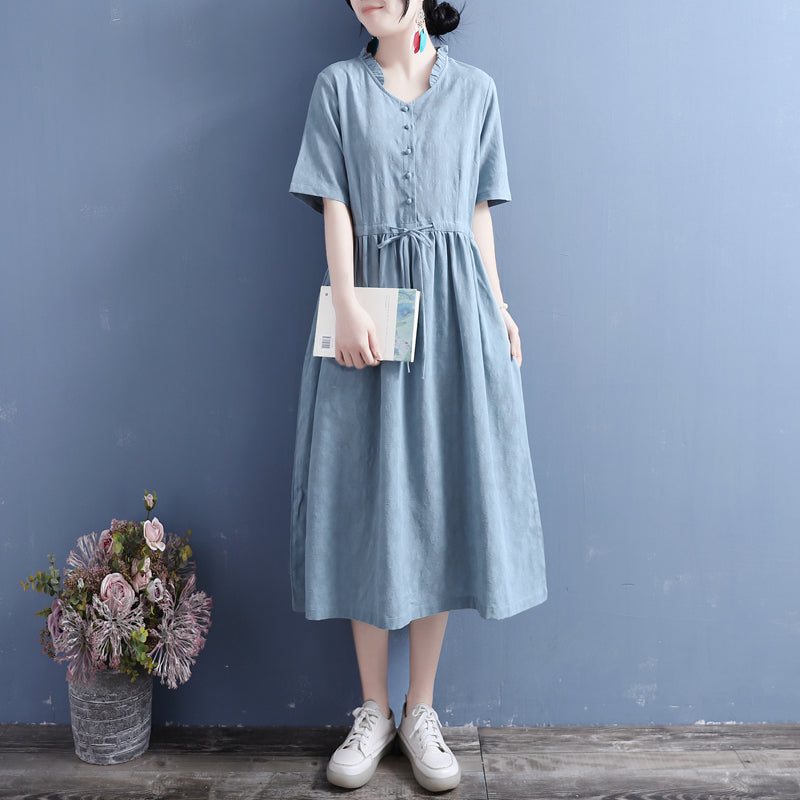 Robe D'été À Col À Volants Vintage En Coton Et Lin