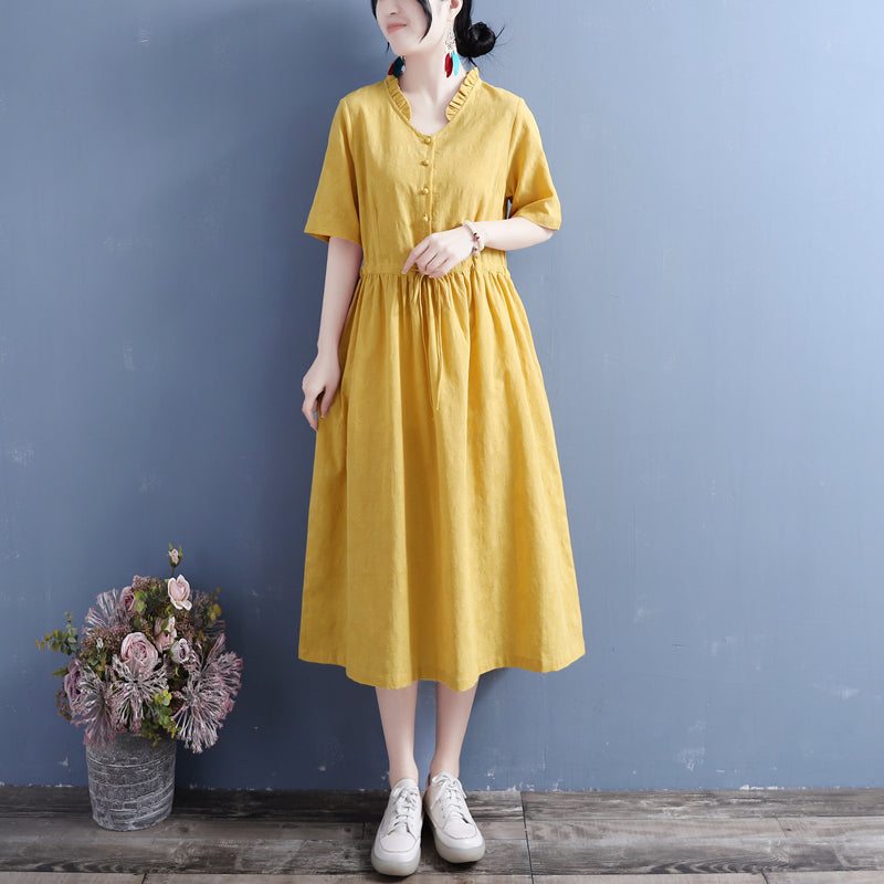 Robe D'été À Col À Volants Vintage En Coton Et Lin