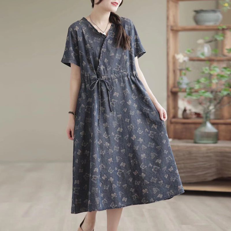 Robe D'été Confortable En Denim De Coton Et Lin Rétro