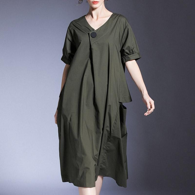 Robe D'été En Coton Ample À Manches Courtes Et Col En V Grande Taille