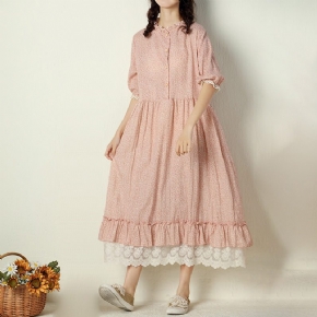 Robe D'été En Coton Et Lin Avec Col À Volants Rétro