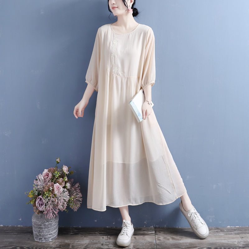 Robe D'été En Coton Et Lin À Manches 3/4 Avec Broderie Florale Rétro