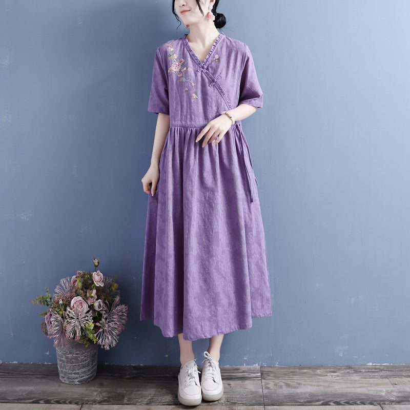 Robe D'été En Coton Et Lin À Manches Courtes À Fleurs Rétro