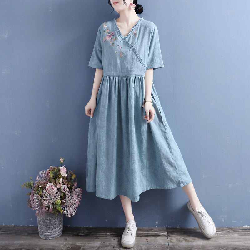 Robe D'été En Coton Et Lin À Manches Courtes À Fleurs Rétro