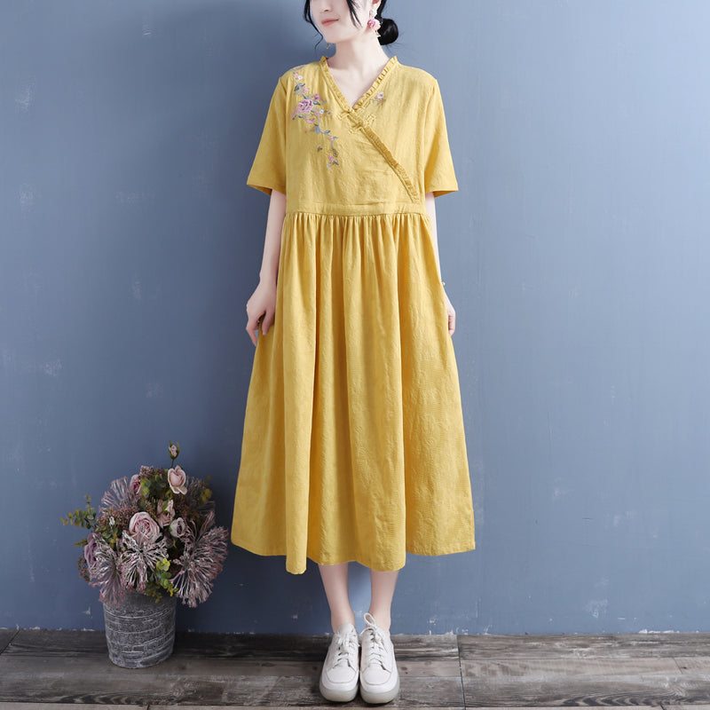 Robe D'été En Coton Et Lin À Manches Courtes À Fleurs Rétro