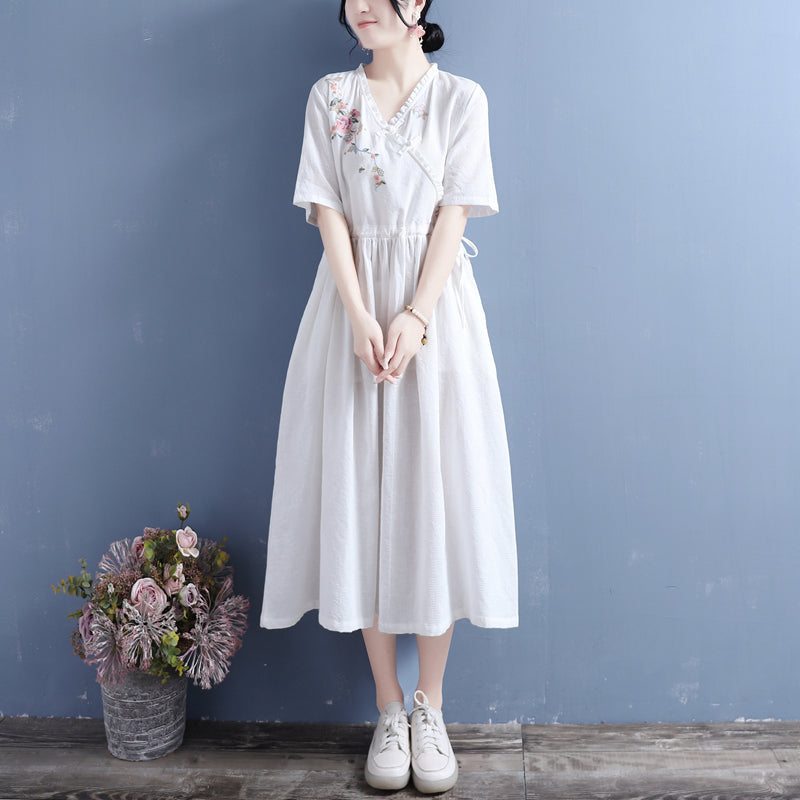 Robe D'été En Coton Et Lin À Manches Courtes À Fleurs Rétro