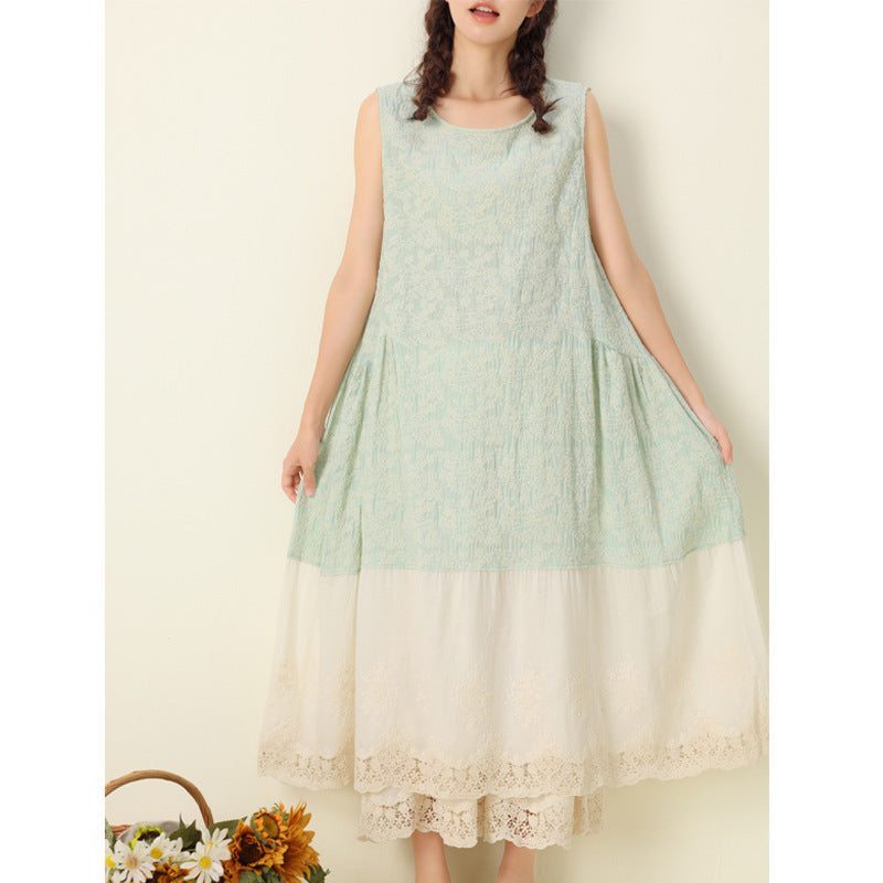 Robe D'été En Coton Et Lin Sans Manches Avec Broderie Florale Rétro