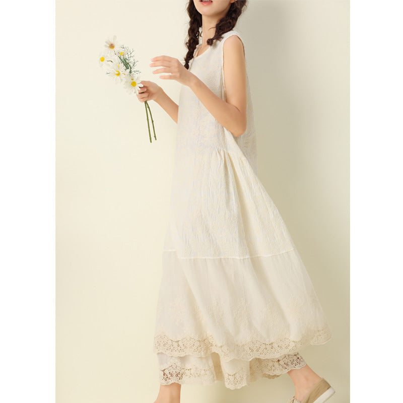 Robe D'été En Coton Et Lin Sans Manches Avec Broderie Florale Rétro