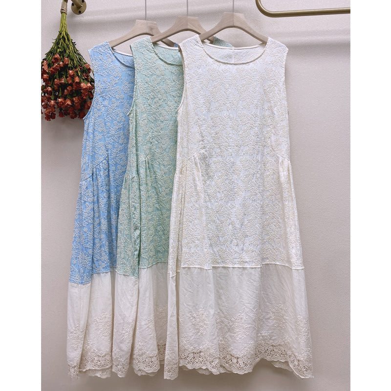 Robe D'été En Coton Et Lin Sans Manches Avec Broderie Florale Rétro