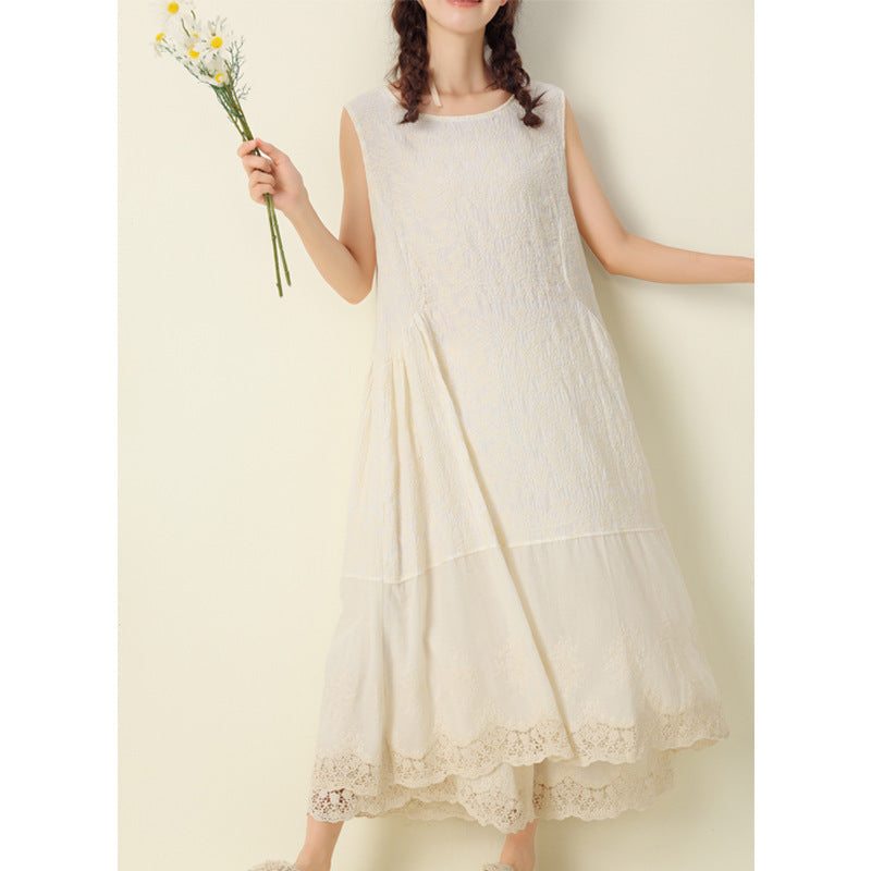 Robe D'été En Coton Et Lin Sans Manches Avec Broderie Florale Rétro