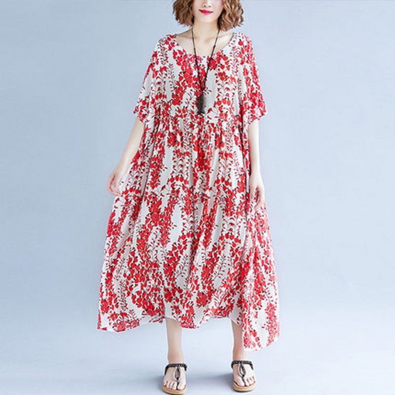 Robe D'été Décontractée Ample À Col Rond Et À Fleurs