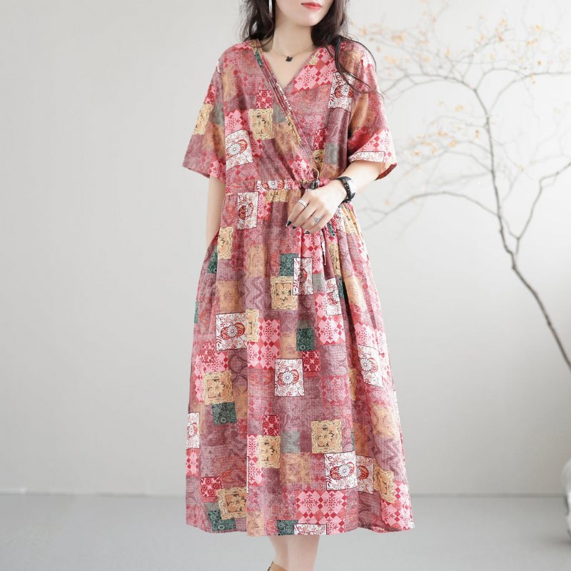 Robe D'été Décontractée En Coton Patchwork Rétro Ample