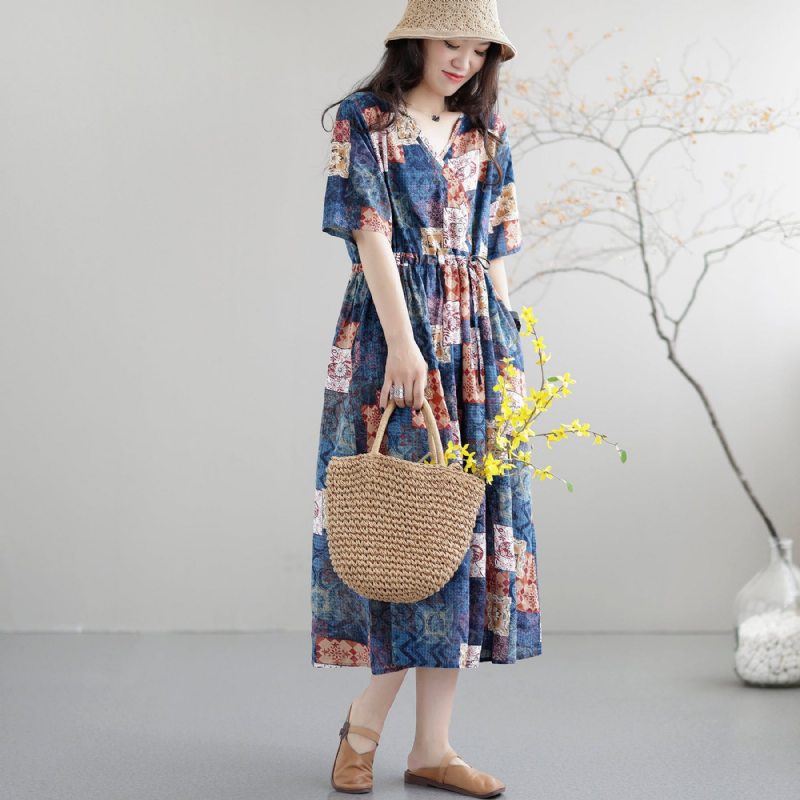 Robe D'été Décontractée En Coton Patchwork Rétro Ample