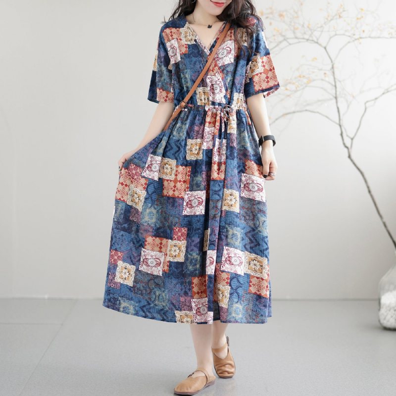 Robe D'été Décontractée En Coton Patchwork Rétro Ample