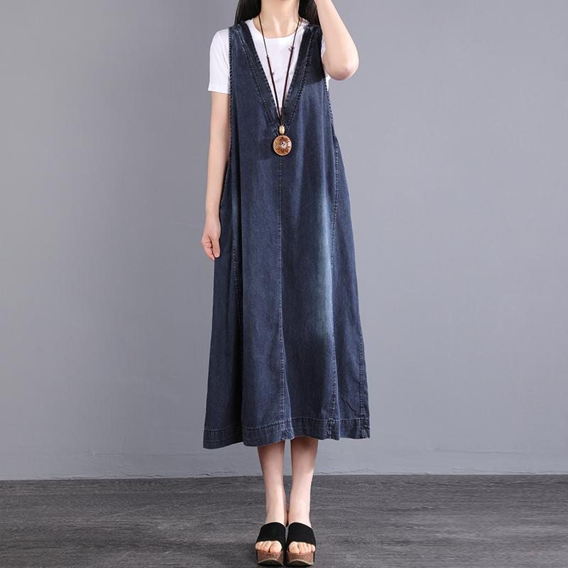 Robe D'été En Denim De Coton Parchwork À Col En V