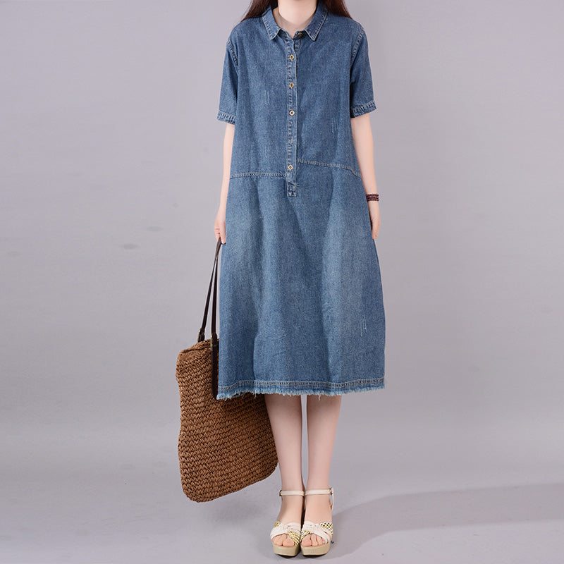 Robe D'été En Denim De Coton À Pompons Rétro