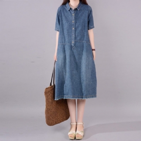 Robe D'été En Denim De Coton À Pompons Rétro