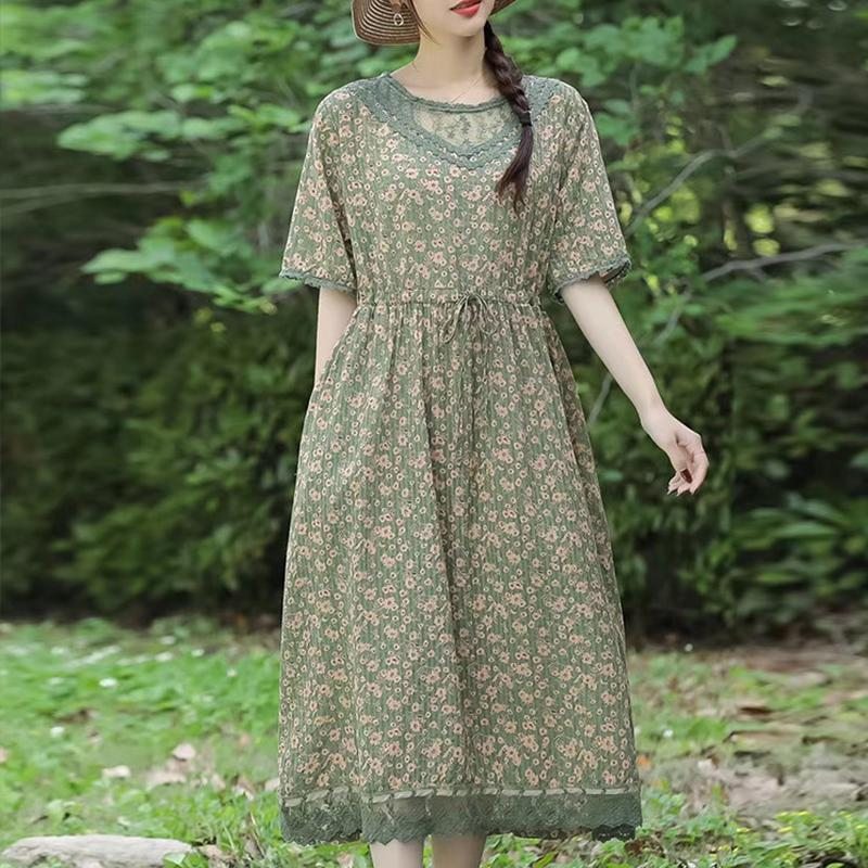 Robe D'été À Fleurs En Coton Et Lin À Col Rond