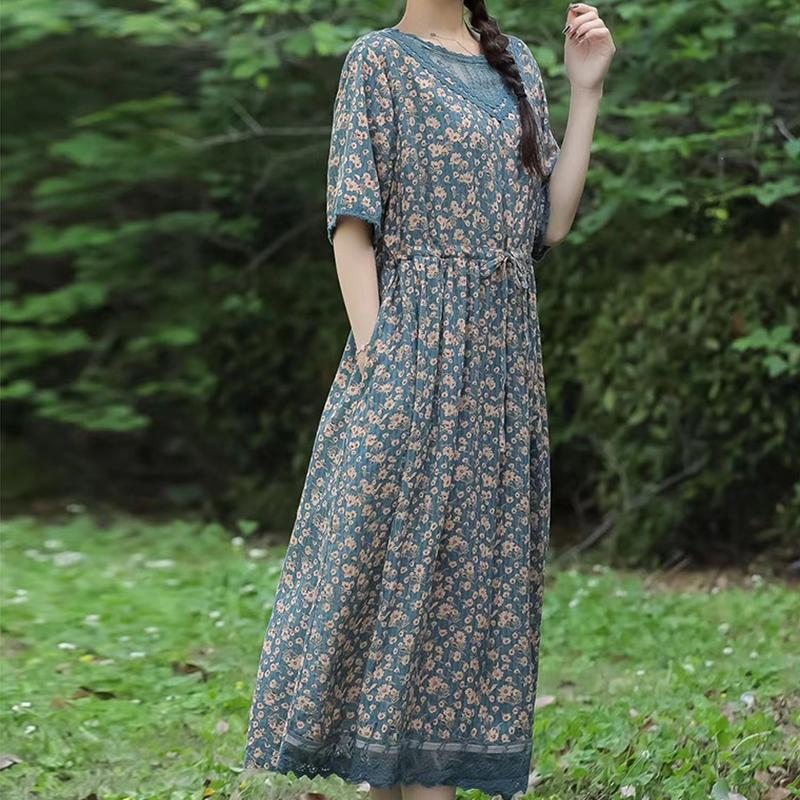 Robe D'été À Fleurs En Coton Et Lin À Col Rond