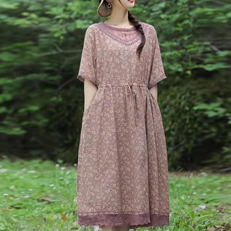 Robe D'été À Fleurs En Coton Et Lin À Col Rond