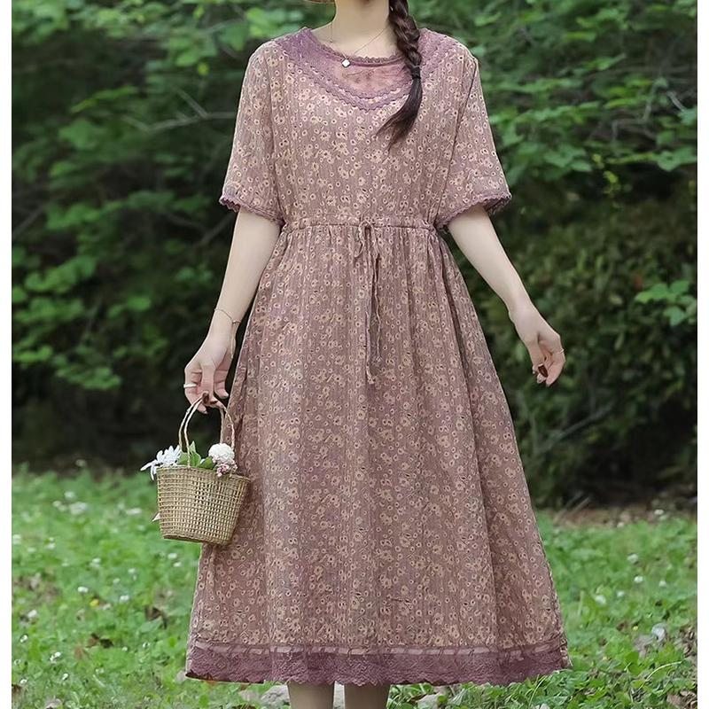 Robe D'été À Fleurs En Coton Et Lin À Col Rond