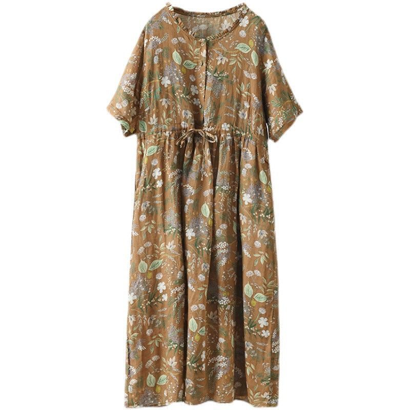 Robe D'été À Fleurs En Lin À Taille Haute À Lacets